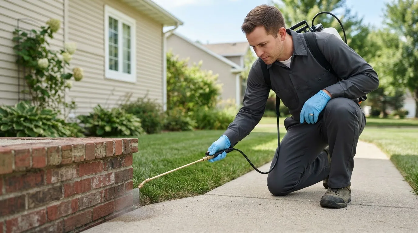 Pest control technician treating a home near Sebeka, MN